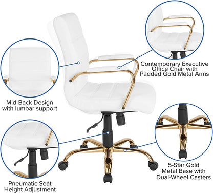 Whitney Mid-Back Swivel Leathersoft Desk Chair with Padded Seat and Armrests, Adjustable Height Padded Office Chair, White/Gold-4