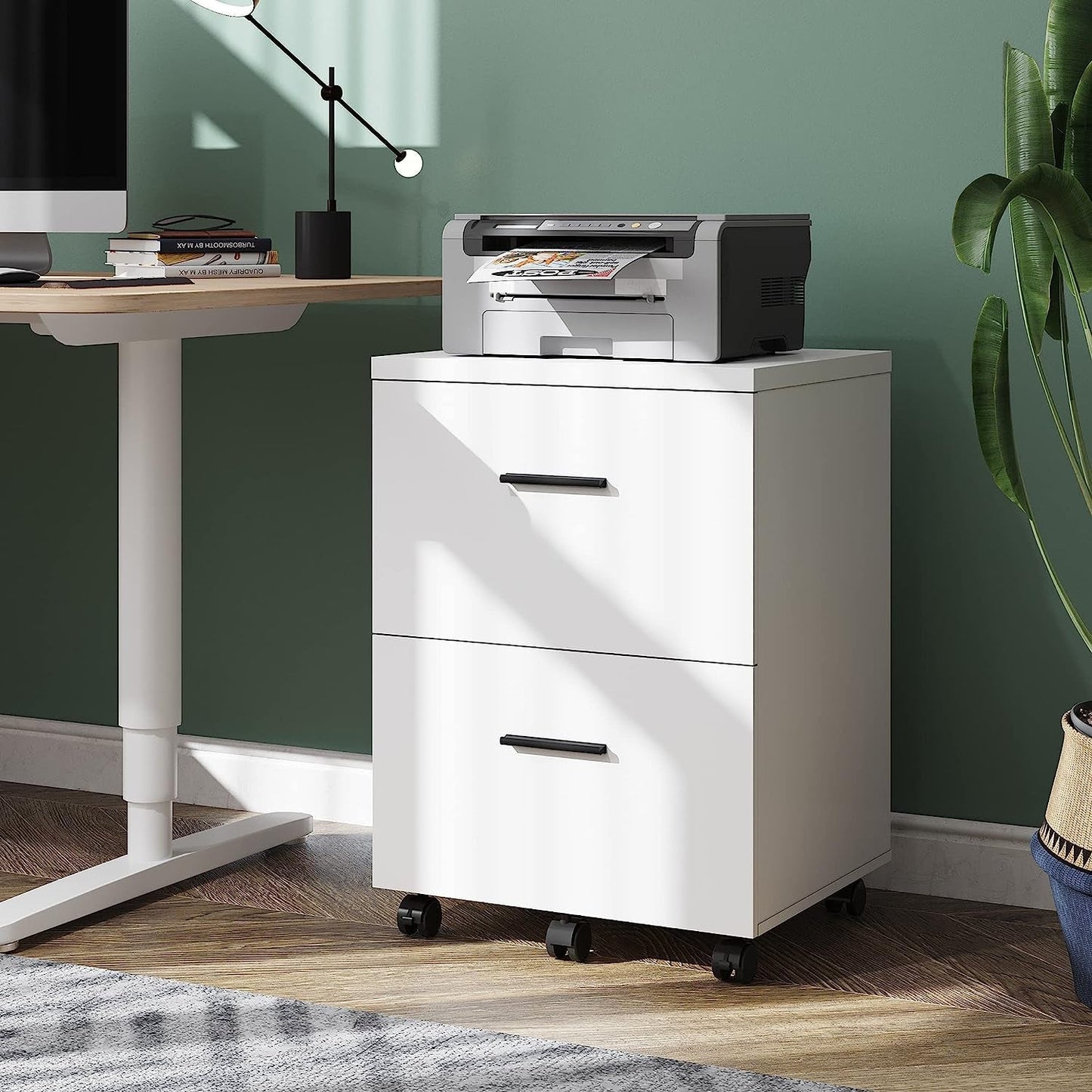 Mobile White Wood File Cabinet with Storage Drawers-1