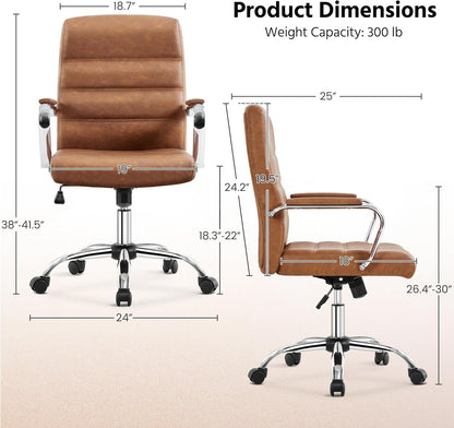 Mid-Back Office Chair with Arms Swivel PU Leather Height Adjustable Office Executive Chair, Retro Brown-2