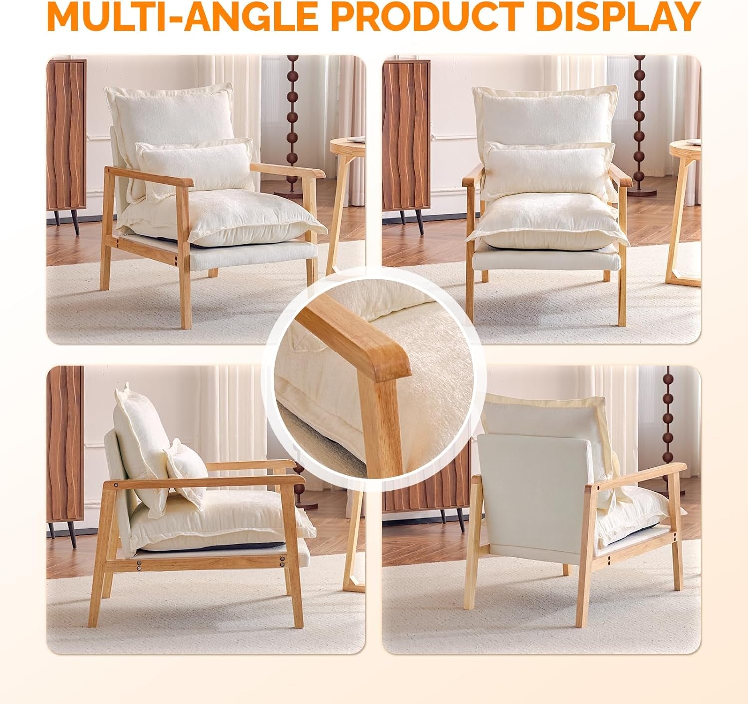 Cloud Accent Armchairs Pair Beige Chenille Lumbar Pillow-2