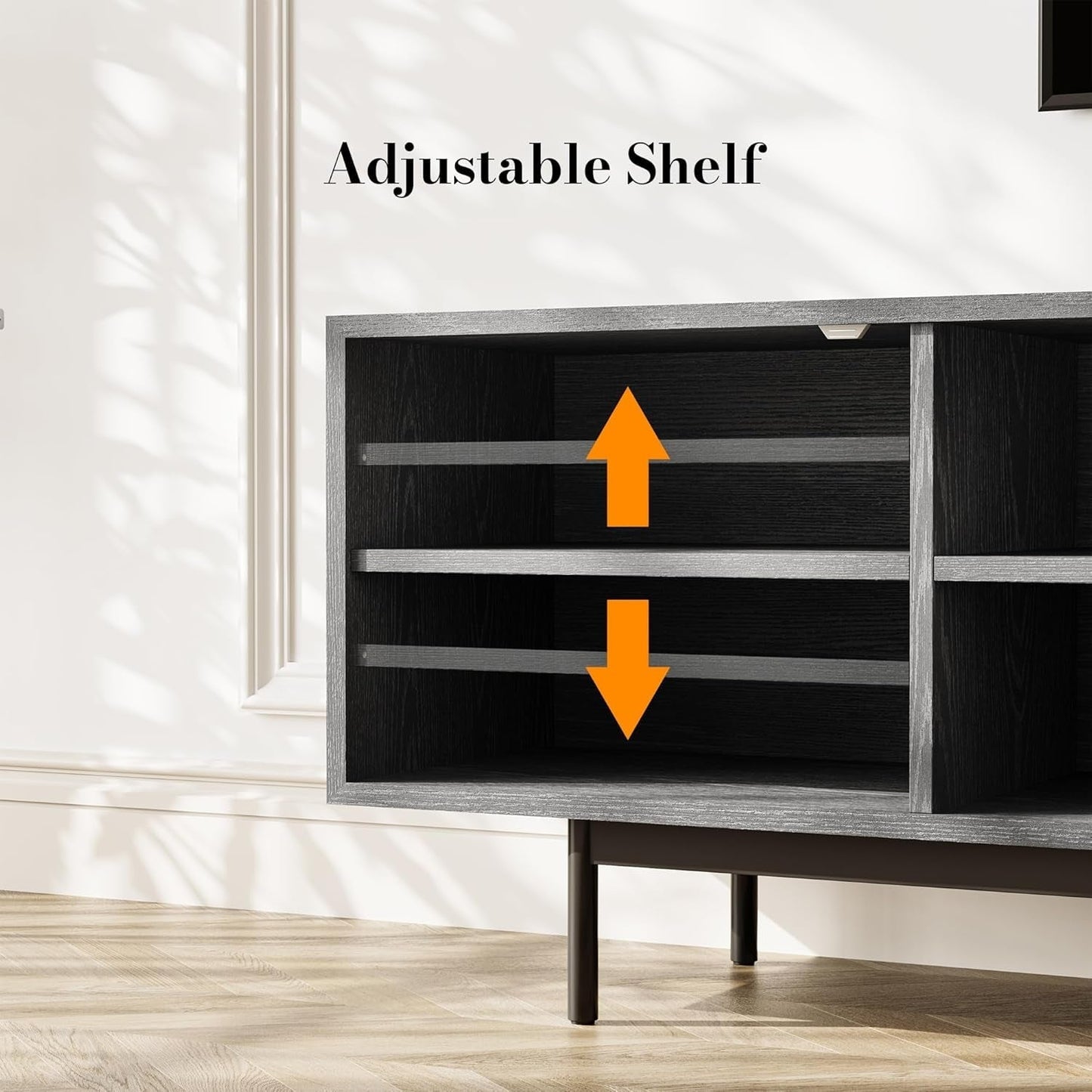 Modern Solid Wood TV Stand, Black Entertainment Center for 70 75 Inch TV, Tall TV Cabinet with Slatted Doors, Tall-Cast Metal Legs, Fully-Assembled, 78"-4