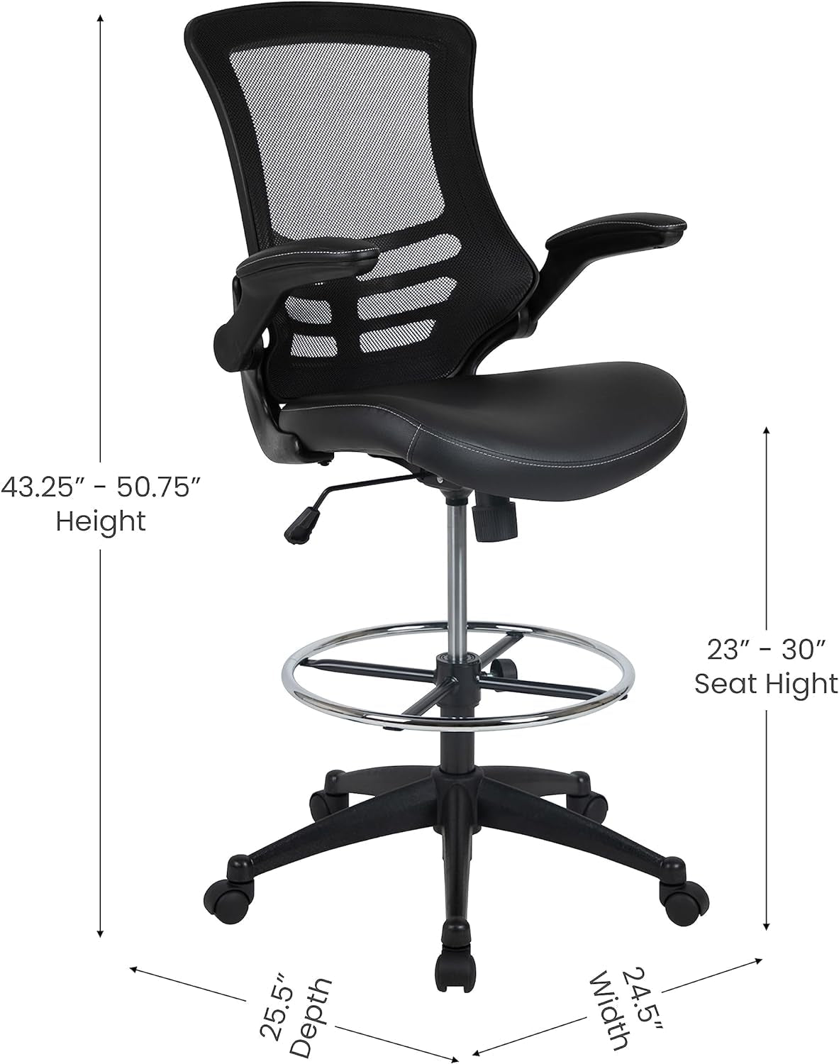 Kelista Mid-Back Swivel Office Chair with Adjustable Leathersoft Seat Height, Ergonomic Mesh Chair with Flip-Up Arms, Black-2