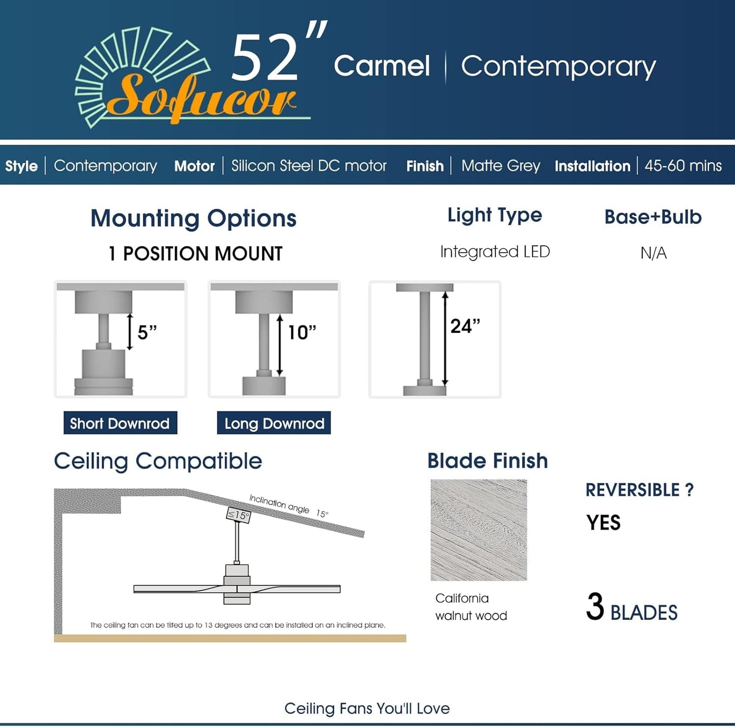 52 Inch Ceiling Fan with Lights, Low Profile Flush Mount Mordern Wood Ceiling Fan with Remote for Indoor Farmhouse Bedroom Living Room Outdoor Patio Porch, Reversible DC Motor, Noiseless-4