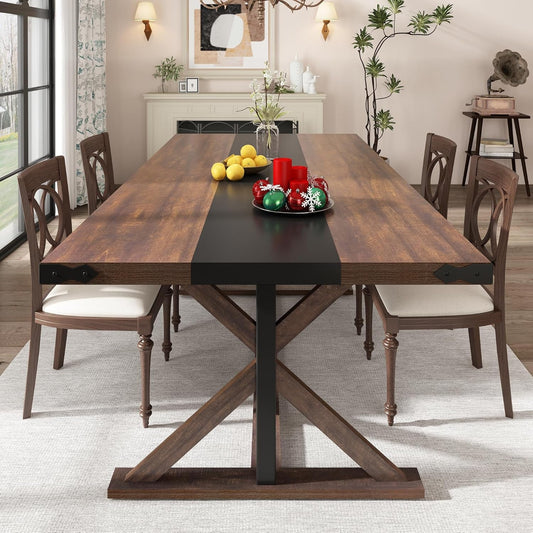 71" Farmhouse Dining Table for 5 6 8 People, Rectangular Kitchen Table W/Thickness Waterproof Wood Grain Tabletop (Brown, 71 X 35.4 X 30 In)-0