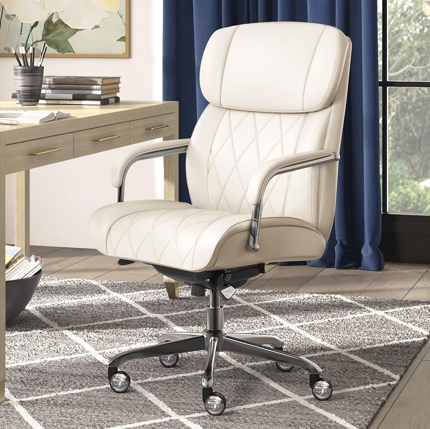 Sutherland Quilted Leather Executive Office Chair with Padded Arms, High Back Ergonomic Desk Chair with Lumbar Support, Ivory White Bonded Leather-1