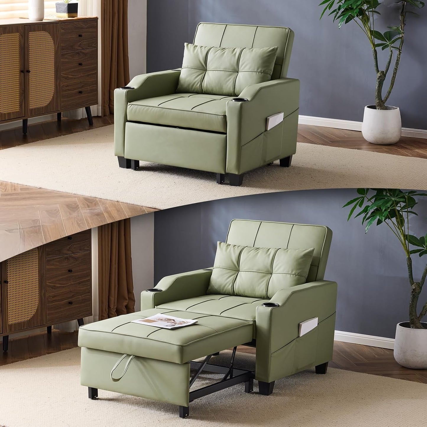 Sofa Bed Chair Recliner, 3-In-1 Convertible Sleeper Sofa Chair Bed Green Daybed Pull Out Couch Bed with Adjustable Backrest, USB Ports, Cup Holders for Small Spaces Living Room-2