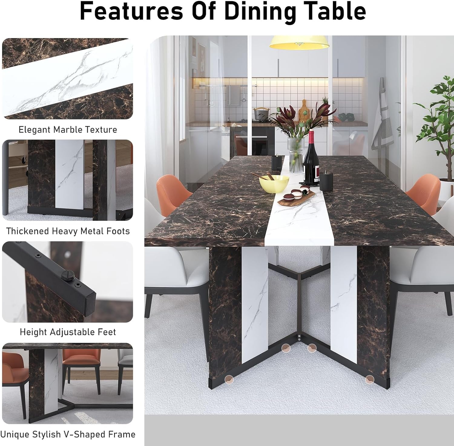 71In Large Rectangular Brown Dining Table for 4 5 6 7 People W/35 Marble-Color Wood Watrproof Tabletop,Adjustable Leg.6Ft Luxurious Family Dinner Table for Office Kitchen Living Room-3