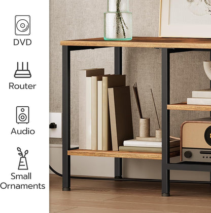 TV Stand with Power Outlets to 65 Inches, TV Console Table with Open Storage Shelves, Industrial Media Entertainment Center for Living Room Bedroom, Rustic Brown and Black BF40DS01-4