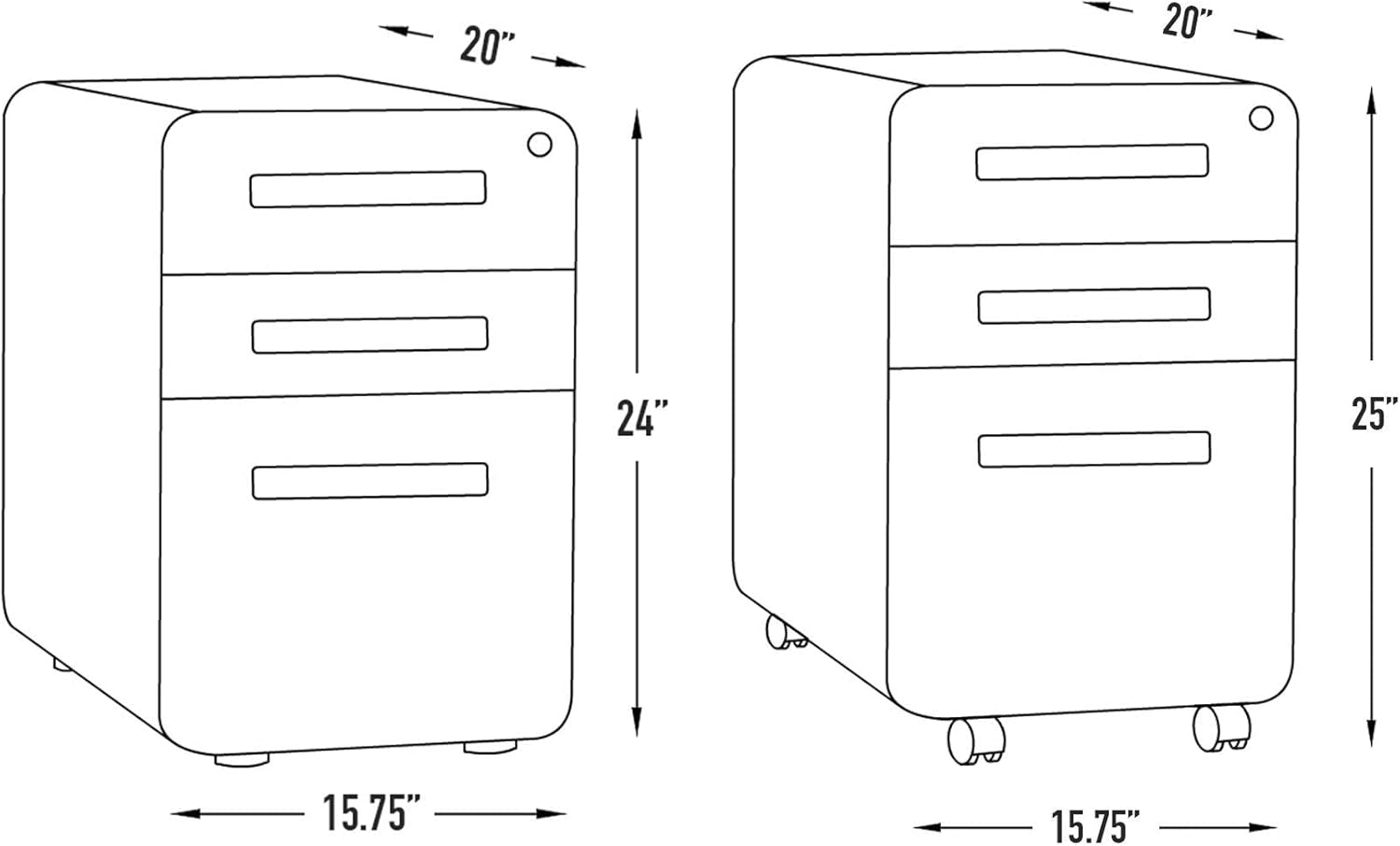 Stockpile 3 Drawer File Cabinet with Lock - under Office Desk Metal Filing Cabinet, Legal/Letter File Folders, Wheels and Stationary Feet, Pre-Assembled, Black/Grey-2