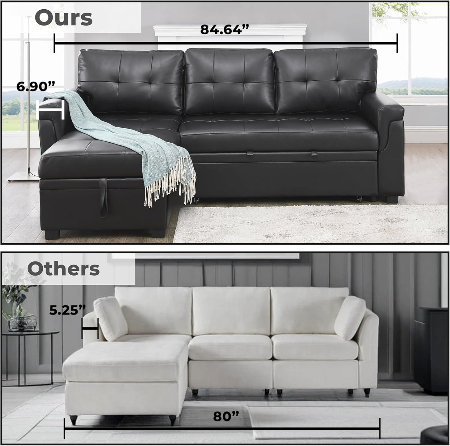 Jenny Sectional Sofa Sleeper with Storage Chaise, Tufted Pull Out Couch with Storage, Sectional Bed, L-Shaped Reversible Sleeper Sofa, Black,Air Leather-3