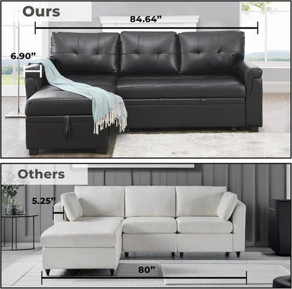 Jenny Sectional Sofa Sleeper with Storage Chaise, Tufted Pull Out Couch with Storage, Sectional Bed, L-Shaped Reversible Sleeper Sofa, Black,Air Leather-3