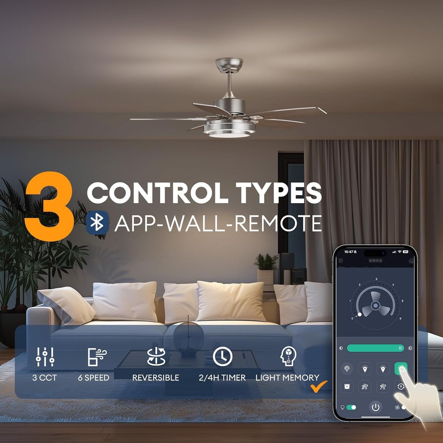 42 Inch Ceiling Fans with Lights and Remote/App Control, Modern Nickel Ceiling Fan with Quiet Reversible DC Motor, 3 CCT Dimmable LED for Bedroom, Living Room, Patio, Indoor and Outdoor-1