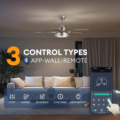 42 Inch Ceiling Fans with Lights and Remote/App Control, Modern Nickel Ceiling Fan with Quiet Reversible DC Motor, 3 CCT Dimmable LED for Bedroom, Living Room, Patio, Indoor and Outdoor-1