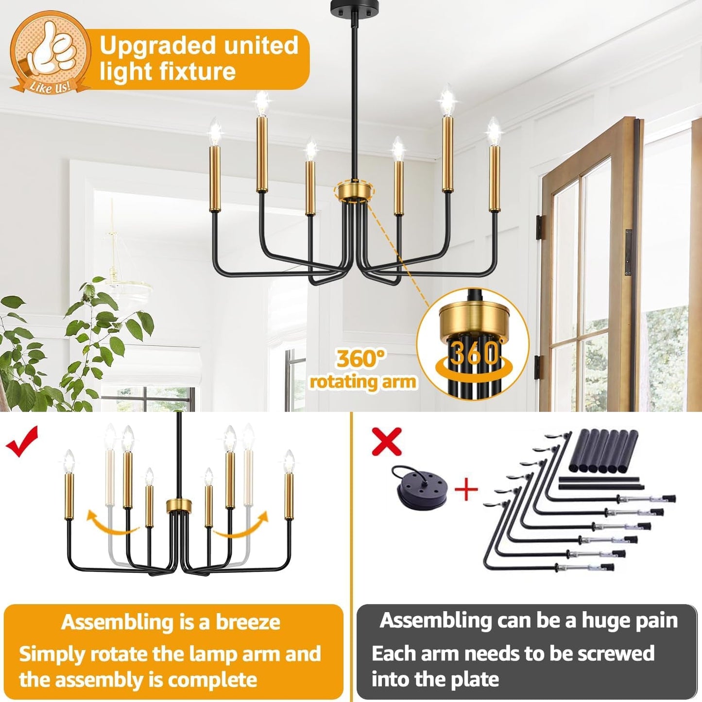 Black and Gold Chandelier, 6-Light Farmhouse Chandelier for Dining Room Lighting Fixtures Hanging, Dining Light Fixtures Industrial Modern Chandelier for Bedroom, Foyer, Living Room and Entryway-3