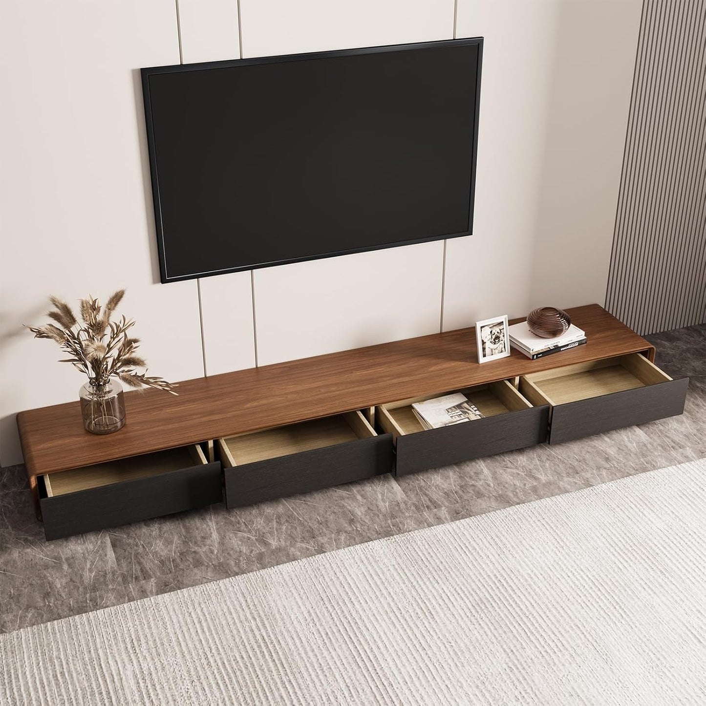 Modern TV Stand 78.74", Media Console with 4 Drawers, Soild Wood Entertainment Center for 65/70/75 Inch TV Fully-Assembled Black & Walnut Veneer (TV Stand Only)-4