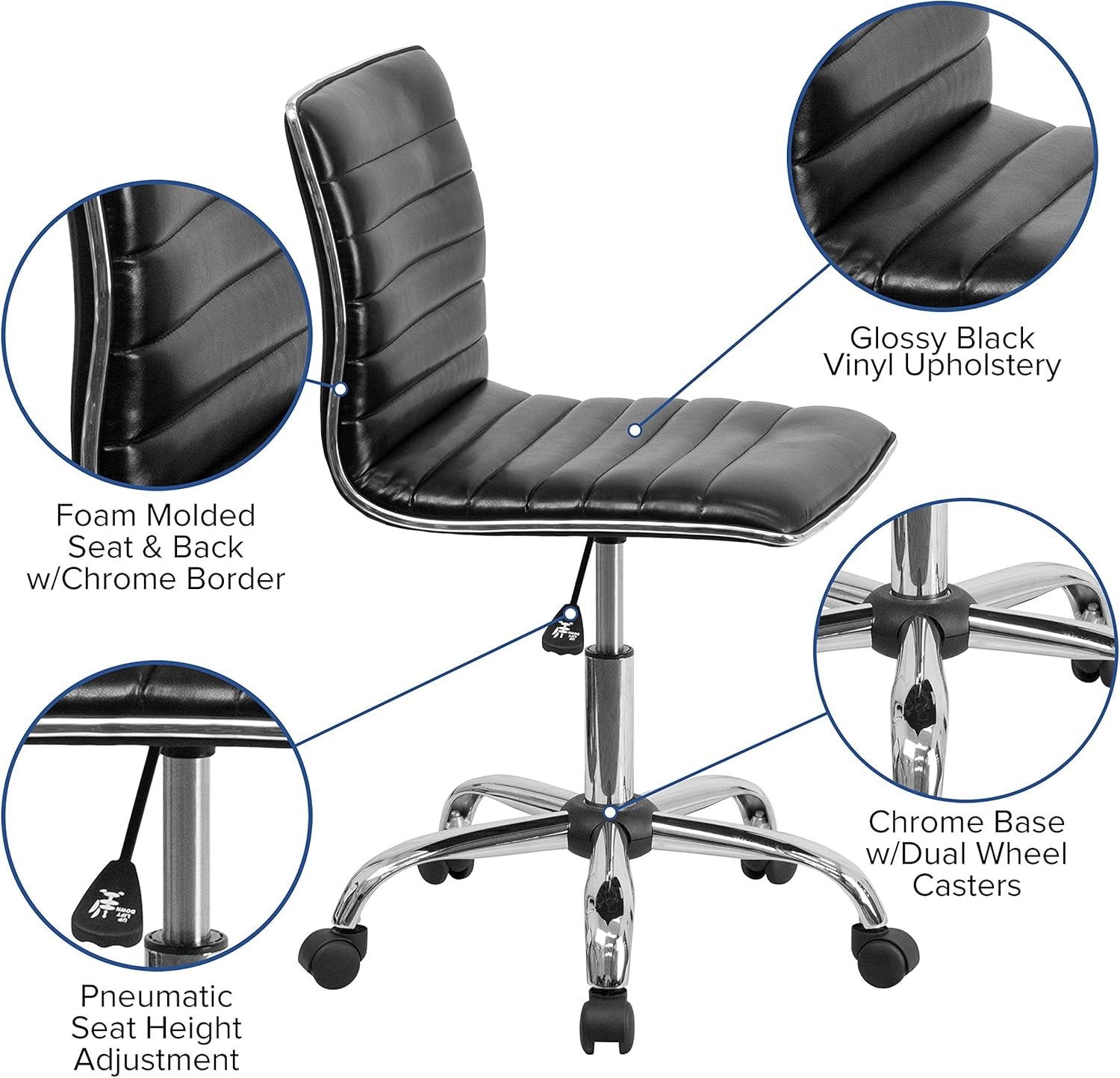 Alan Low Back Designer Armless Black Ribbed Swivel Task Office Chair-4