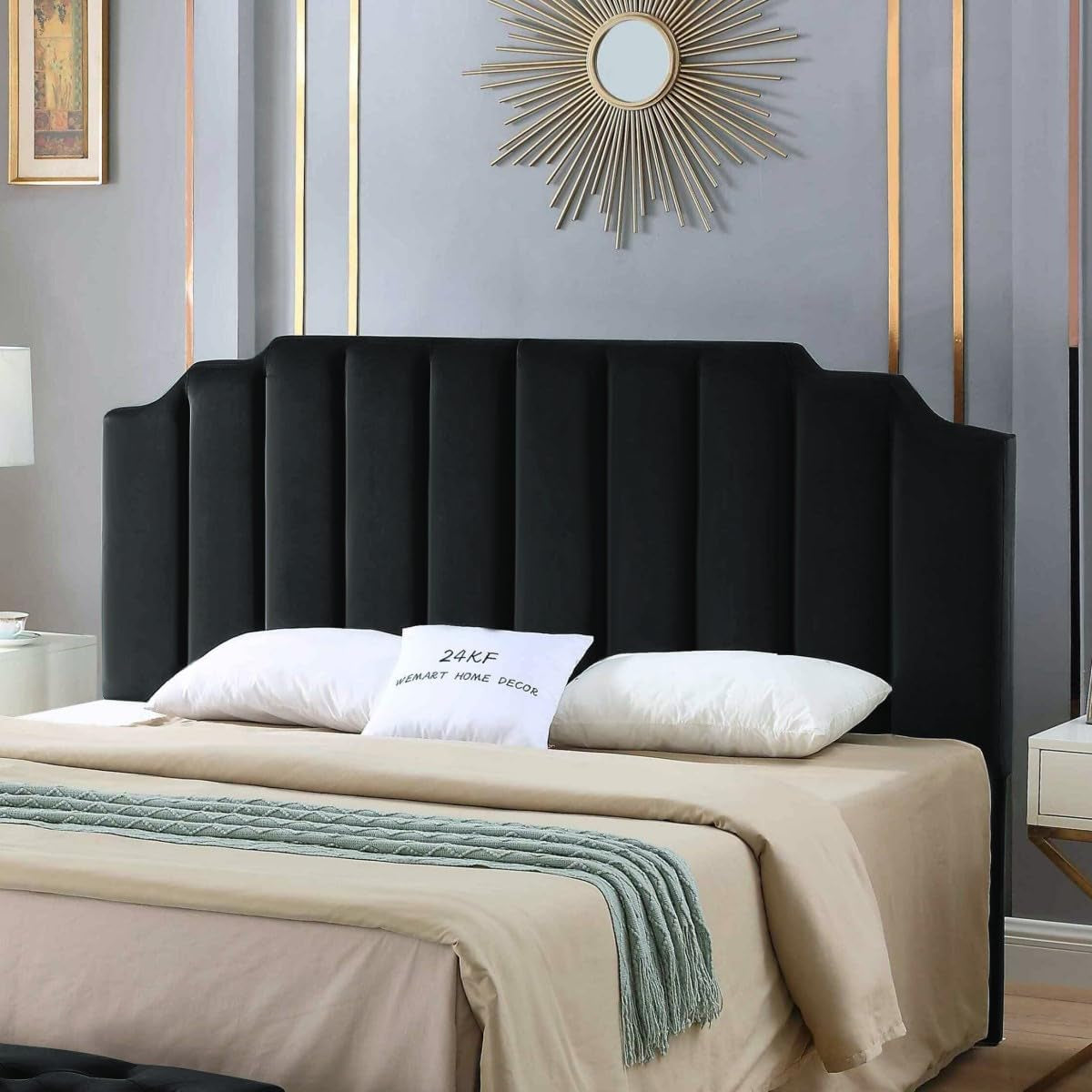 Elegant Black Velvet Tufted King Upholstered Headboard-0