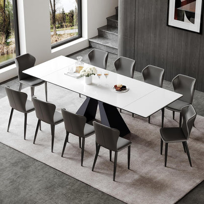 Extendable Dining Table for 8-12 Seat, Flexible Stretch, Tabletop Made from Rock Plate and Tempered Glass, Solid Carbon Steel Base, 35.4" D X 94.5" W X 30" H, White Top-2