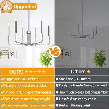 6-Light Farmhouse Chandelier for Dining Room Lighting Fixtures Hanging, Brushed Nickel Dining Light Fixtures Industrial Chandelier for Bedroom, Foyer, Hall, Kitchen, Living Room and Entryway-2