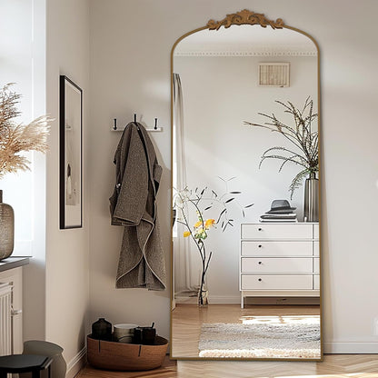Filigree Floor Mirror, 71"L X 30"W, Gold Aluminum Alloy Framed, Modern Style, Full Length Mirror with Stand or Wall Mount, Explosion Proof, Perfect for Home Decor and Selfies-0