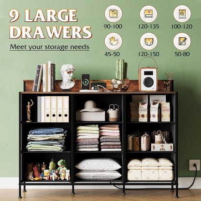 Dresser TV Stand for 55 Inch, Led Dresser for Bedroom, White Dresser for Bedroom with LED Lights and Charging Station, Chest of Drawers, 9 Fabric Dresser Drawers, Wood Top, Living Room, Closet-4