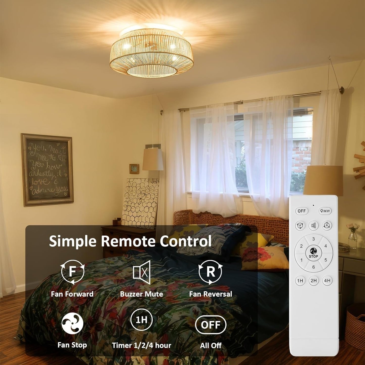 20" Boho Caged Ceiling Fan with Lights Flush Mount, Low Profile Rattan Ceiling Fans with Lights and Remote Control, Enclosed 6 Speeds for Bedroom, Living Room, Kitchen-3