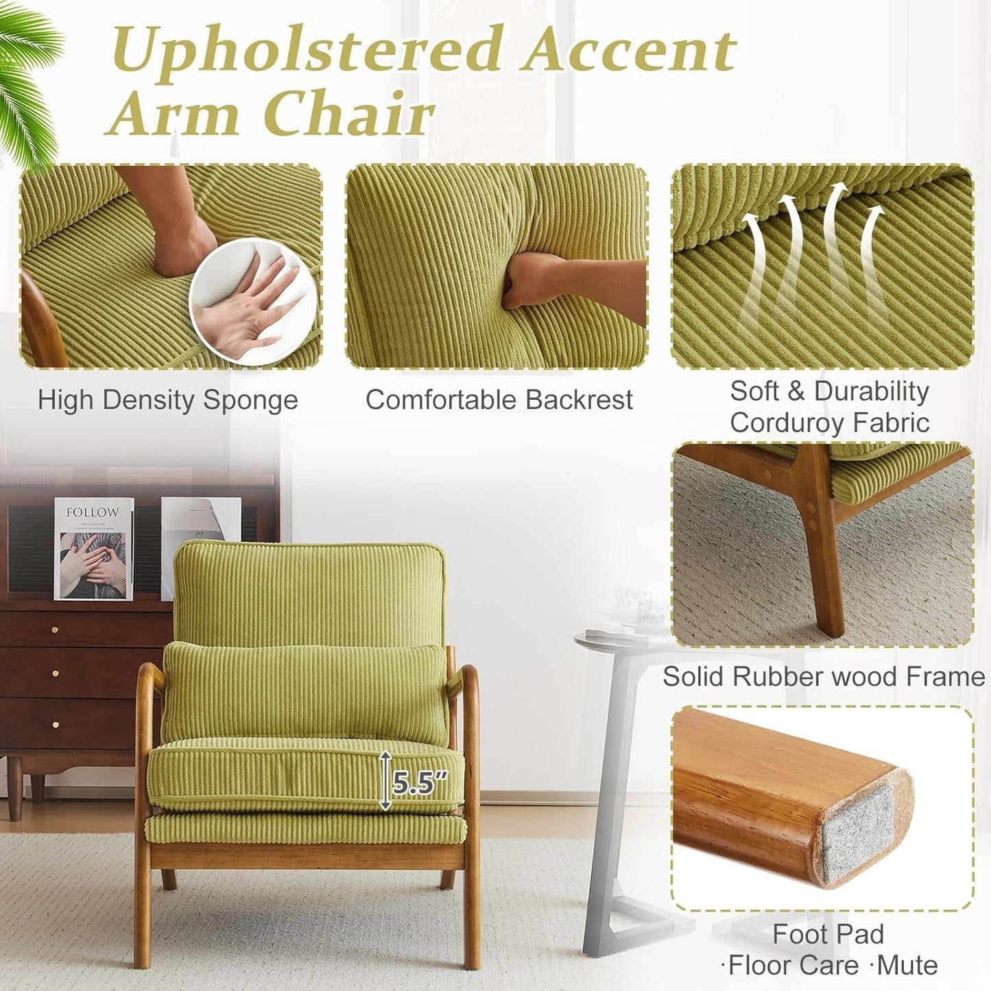 Corduroy Nightshade Green Armchair With Lumbar Pillow-4