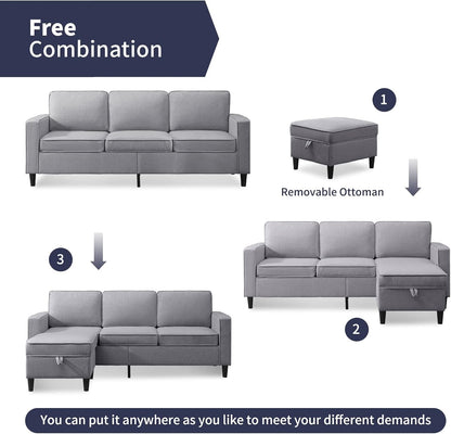 4 Pcs Sectional Sofa with Storage Ottoman for Living Room, Sectional Couches and Loveseat Sets, Living Room Furniture Set,3-Seat Sofa + Ottoman + Loveseat+ Armchair,Light Grey-2