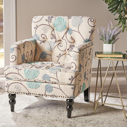 Harrison Floral Tufted Club Chair White Blue Polyester-1
