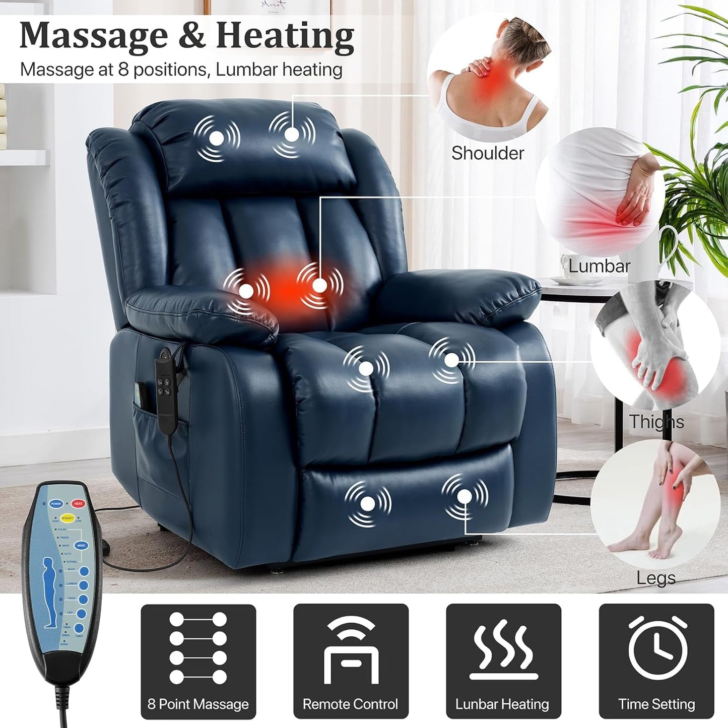 Dual Motor Large Power Lift Recliner Chair Recliners for Elderly, Infinite Position Recliner Chair with Heat and Massage, Breathable Leather(Dark Blue)-2
