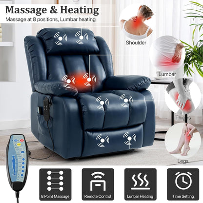 Dual Motor Large Power Lift Recliner Chair Recliners for Elderly, Infinite Position Recliner Chair with Heat and Massage, Breathable Leather(Dark Blue)-2