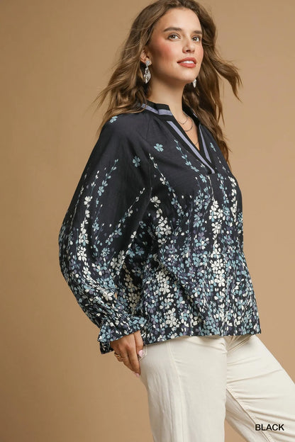 Umgee Full Size Floral Vine Print Blouse with Balloon Sleeves Plus Size