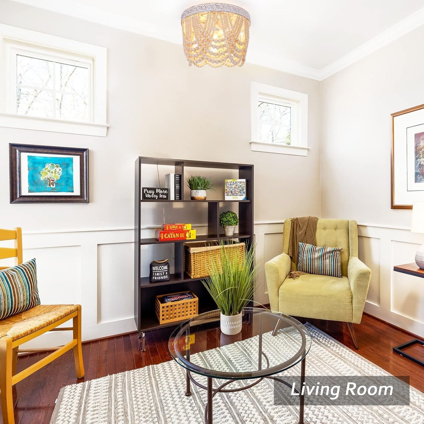 Bohemia Wood Beaded Flush Mount Ceiling Light Antique Boho Mini Chandelier Farmhouse Light Fixture for Bedroom Nursery Room Hallway Entryway Foyer,3-Light-1