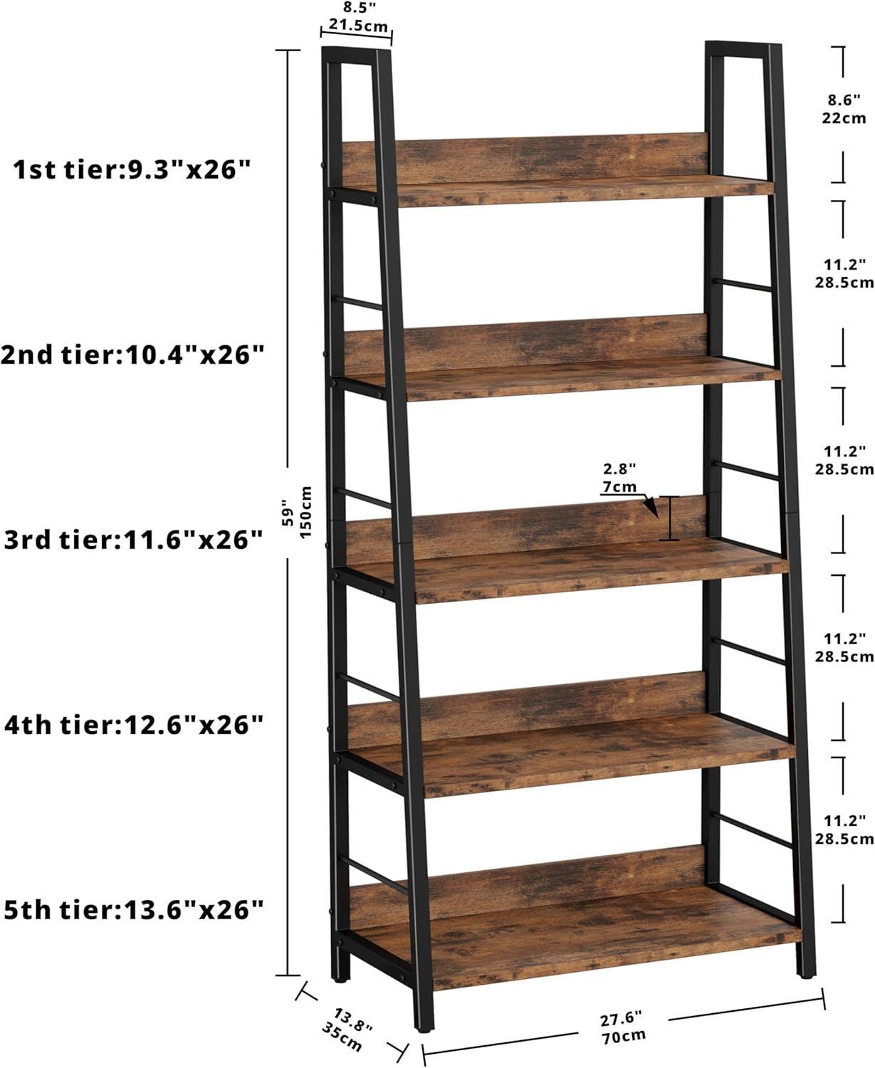 Industrial Ladder Shelf 5 Tier Bookshelf Rustic Brown-2