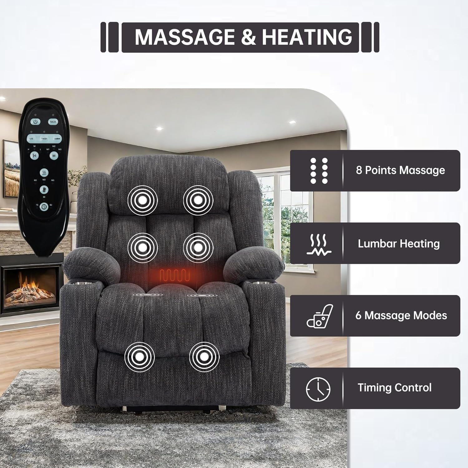 2024 Power Lift Recliner Chair with Full-Body Massage and Heat for Elderly, Hand Remote Control, Upgraded Powerful Motor, Extended Footrest, USB Ports, Stainless Steel Cup Holders, Chenille Grey-3