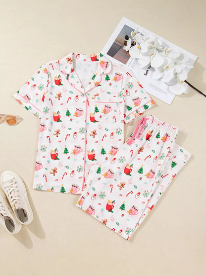Christmas Spirit Cute Holiday Print Short Sleeve Shirt and Pants 2pcs Pajama Set