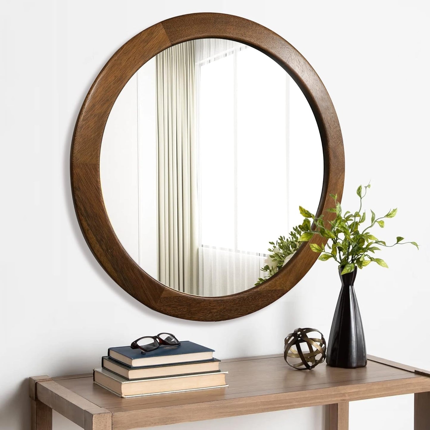 30" Walnut Wood Round Wall Mirror: Rustic Style-3
