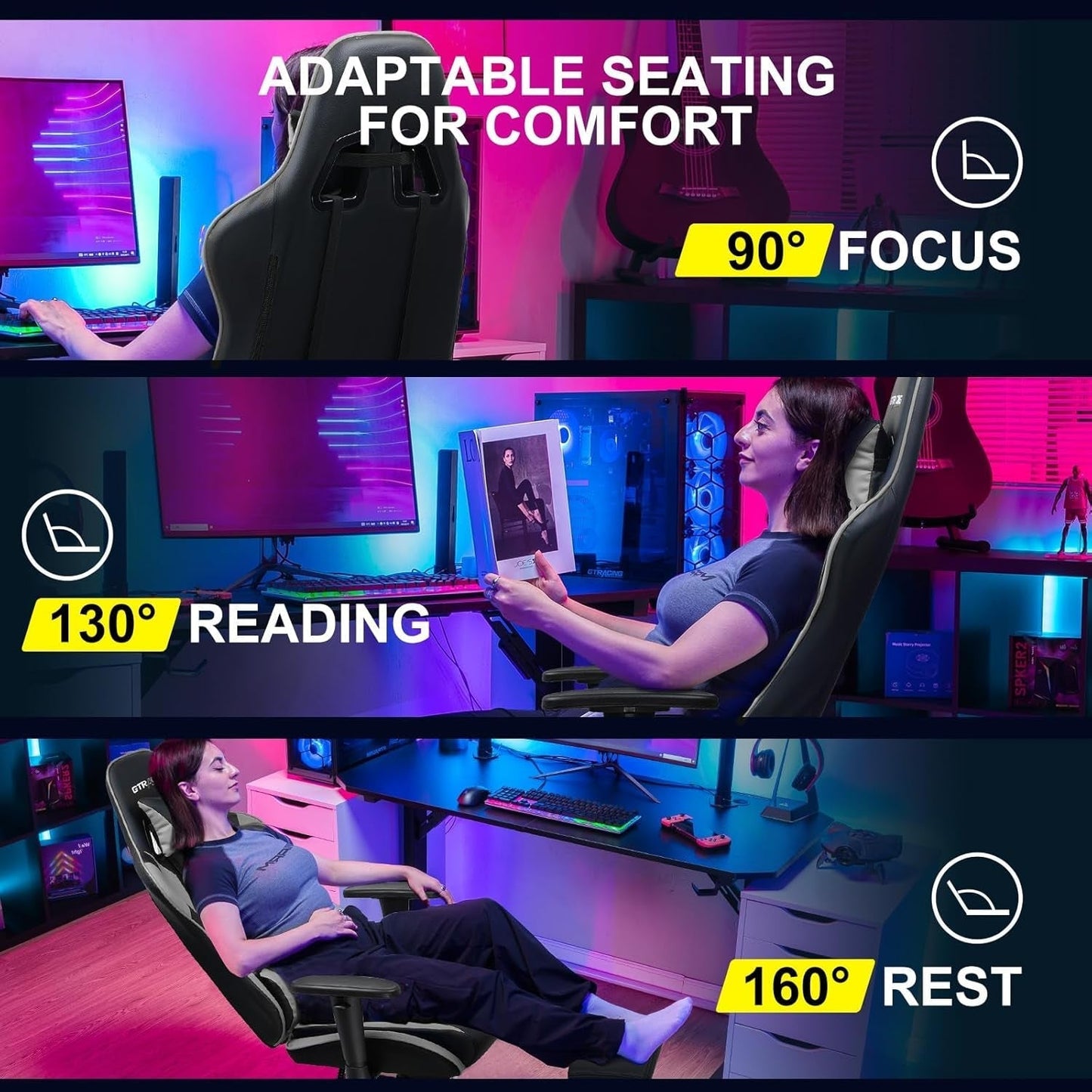 Gaming Chair with Footrest, Ergonomic Computer Game Desk Chair, Reclining Gaming Chair Seat Height Adjustment, Swivel Rocker with Headrest and Lumbar (Gray)-3