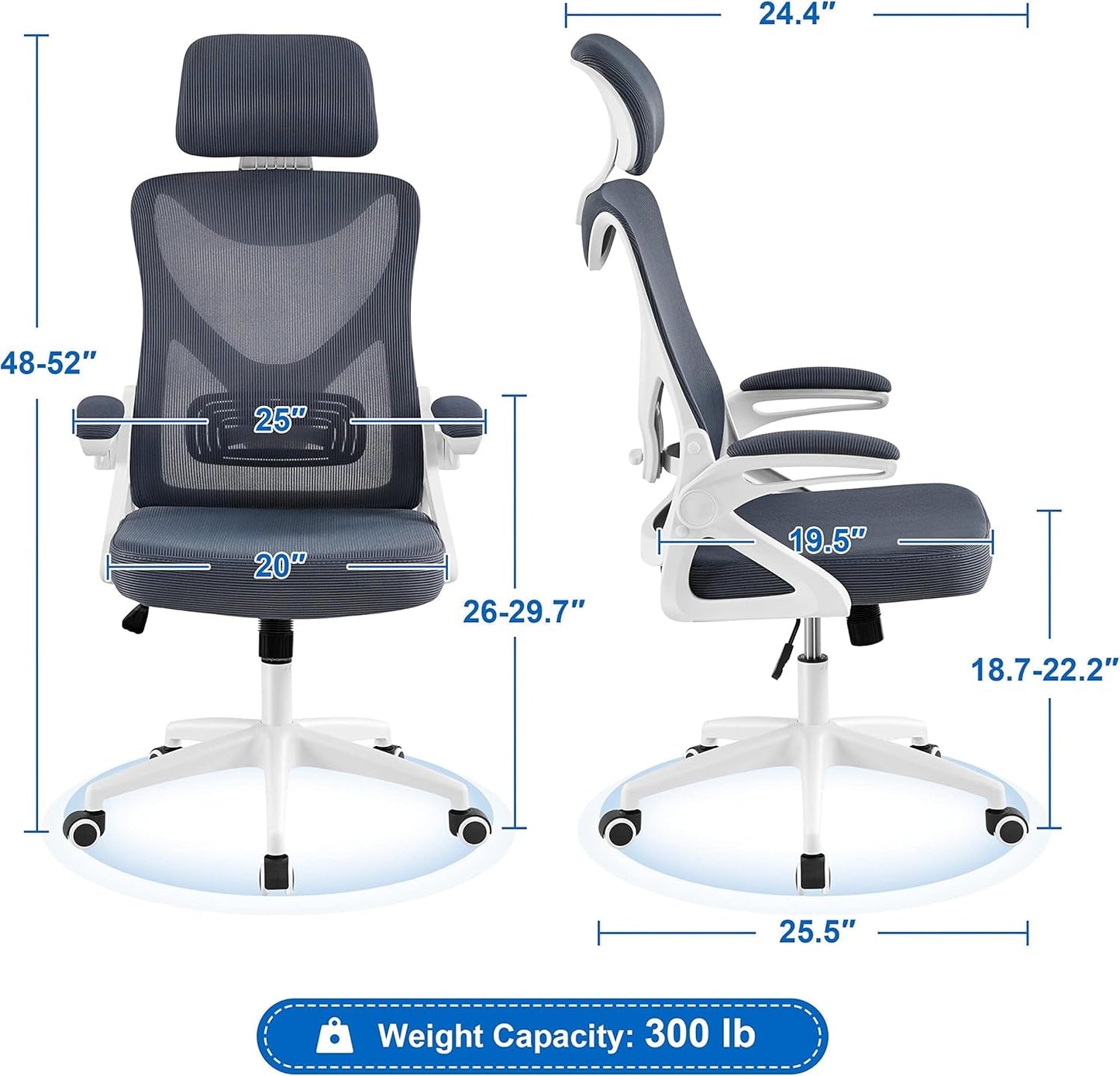 Ergonomic Mesh Office Chair, High Back Desk Chair with with Flip-Up Armrests, Adjustable Padded Headrest Computer Chair with Lumbar Support for Home Oiffce Game Room, White/Gray-2