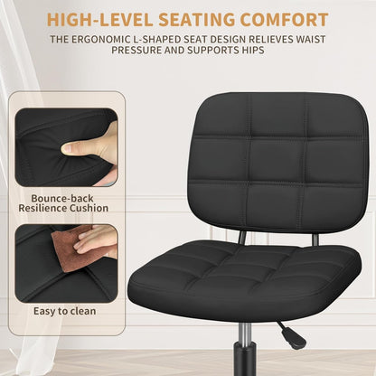 Armless Home Office Desk Chair with Wheels, Modern Ergonomic Drafting Rolling Chair with 360° Swivel Wheels,Height Adjustable Computer Task Chairs for Small Space, Black-3