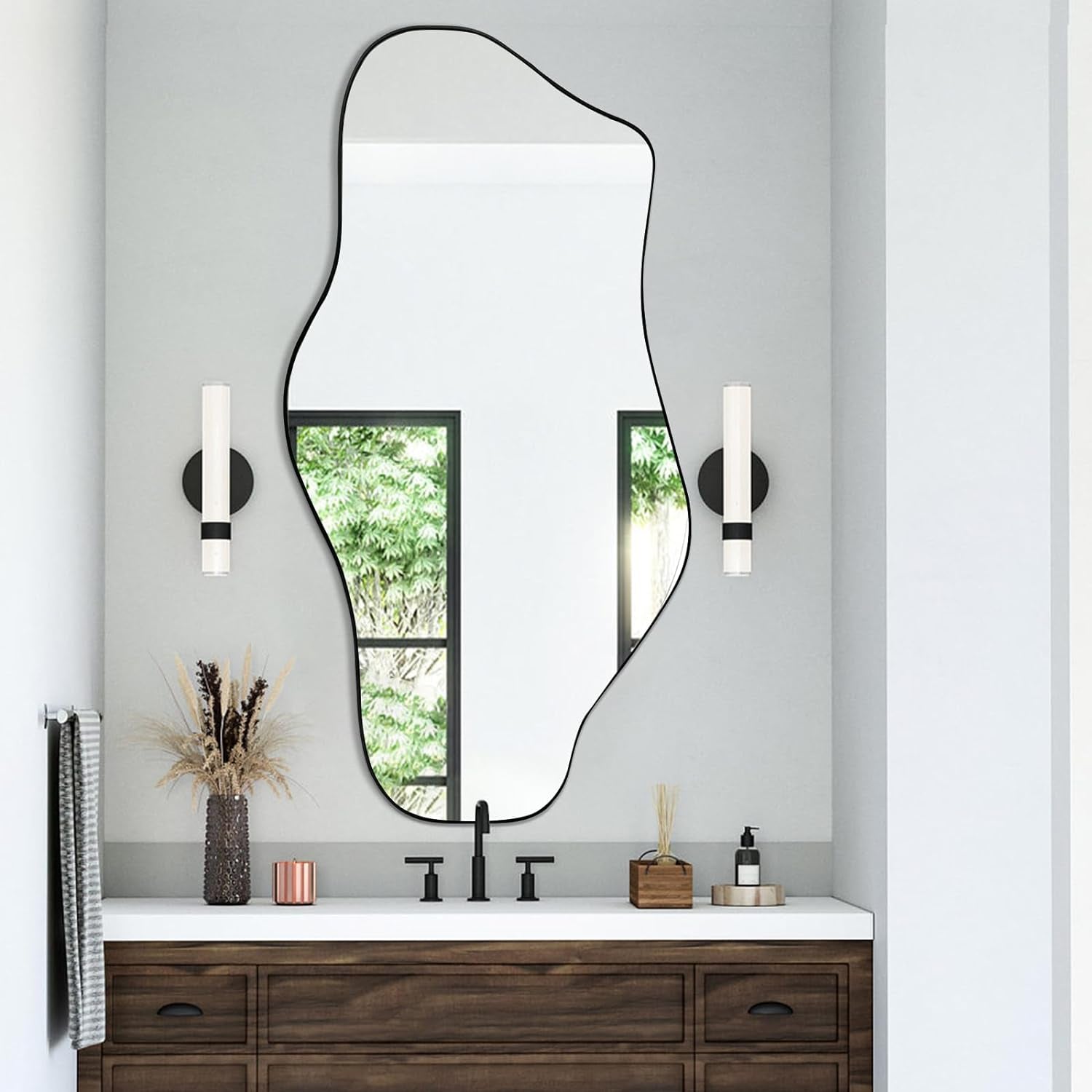 Modern Decorative Irregular Mirror with Asymmetrical Body Shape and Black Frame - Ideal for Living Room, Bathroom, Bedroom, Entryway, or Fireplace - Large Size 47.2X21-0