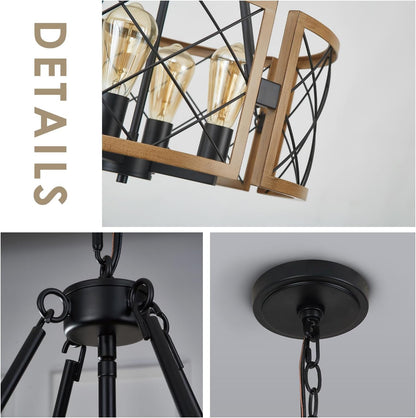 D19'' Farmhouse Chandelier for Dining Room, 4-Light Adjustable Kitchen Island Lighting, Vintage Hanging Pendant Light Fixtures for Entryway Foyer Bedroom Hallway, Black & Dark Oak-4