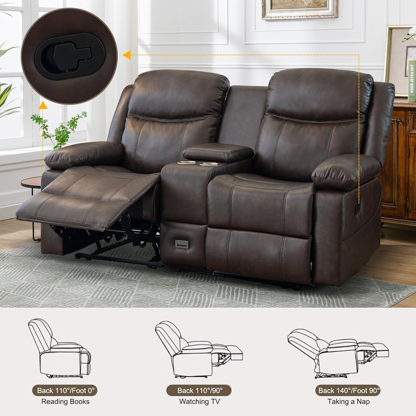 Loveseat Recliner, Reclining Loveseat with Console, Double Reclining Loveseat, 2 Seater Manual Reclining Couch for Living Room, Office, Home Theater(Pu-Brown)-3