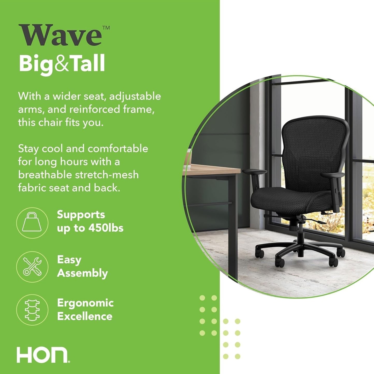 Wave Big and Tall Office Chair 450Lbs - Breathable Stretch Mesh Back & Seat Extra Wide Desk Chair - plus Size Executive Office Chair Ergonomic Heavy Duty Tilt Recline, Oversized Wide Office Chair-2
