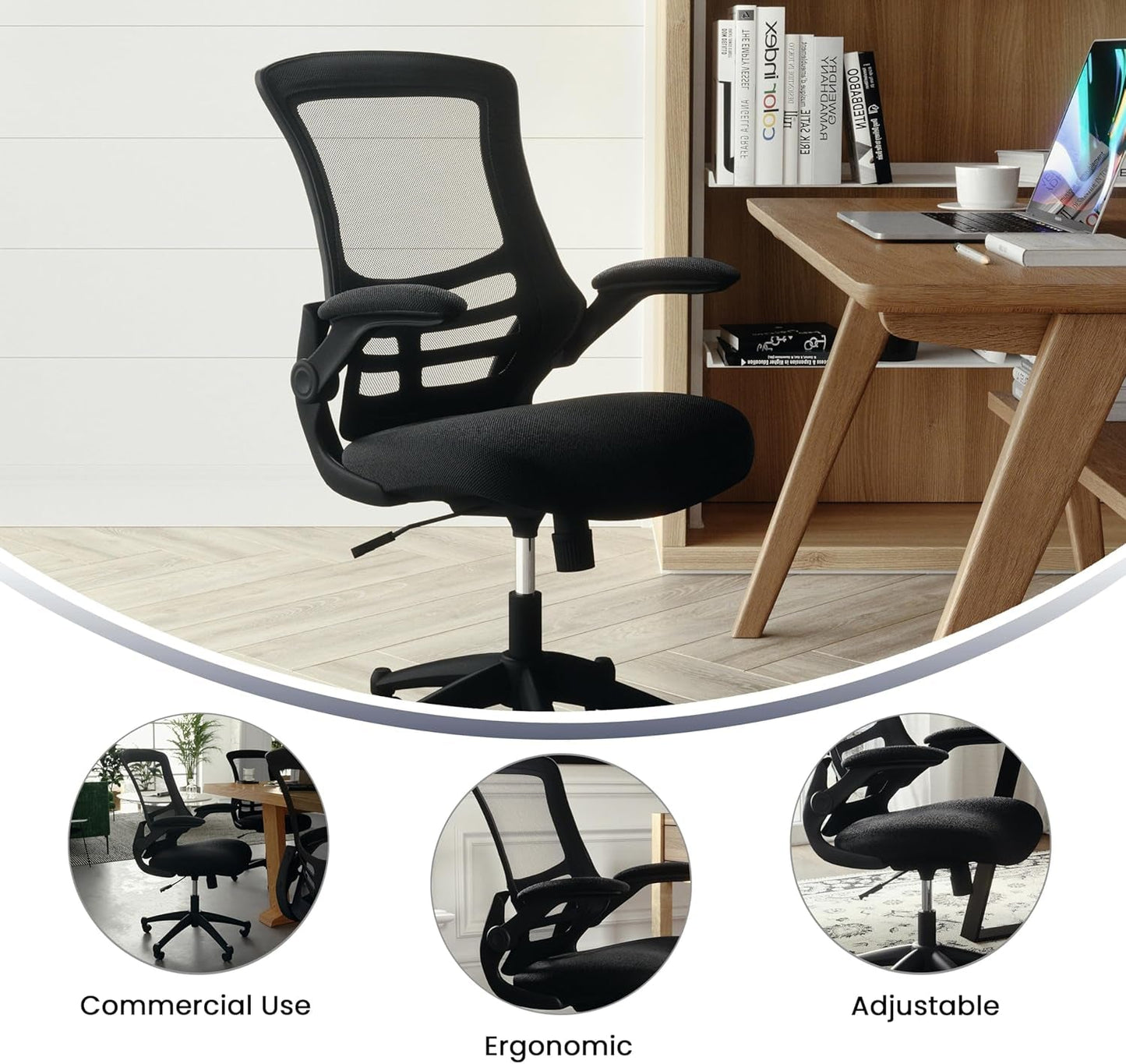 Kelista Mid-Back Swivel Office Chair with Adjustable Seat Height, Ergonomic Mesh Desk Chair with Flip-Up Armrests, Black-3