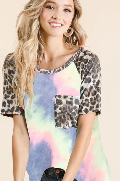 BiBi Tie Dye Knit Top with Leopard Raglan Sleeves