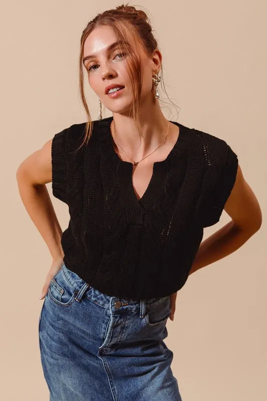 SO ME Notched Neck Cable Knit Sweater Vest