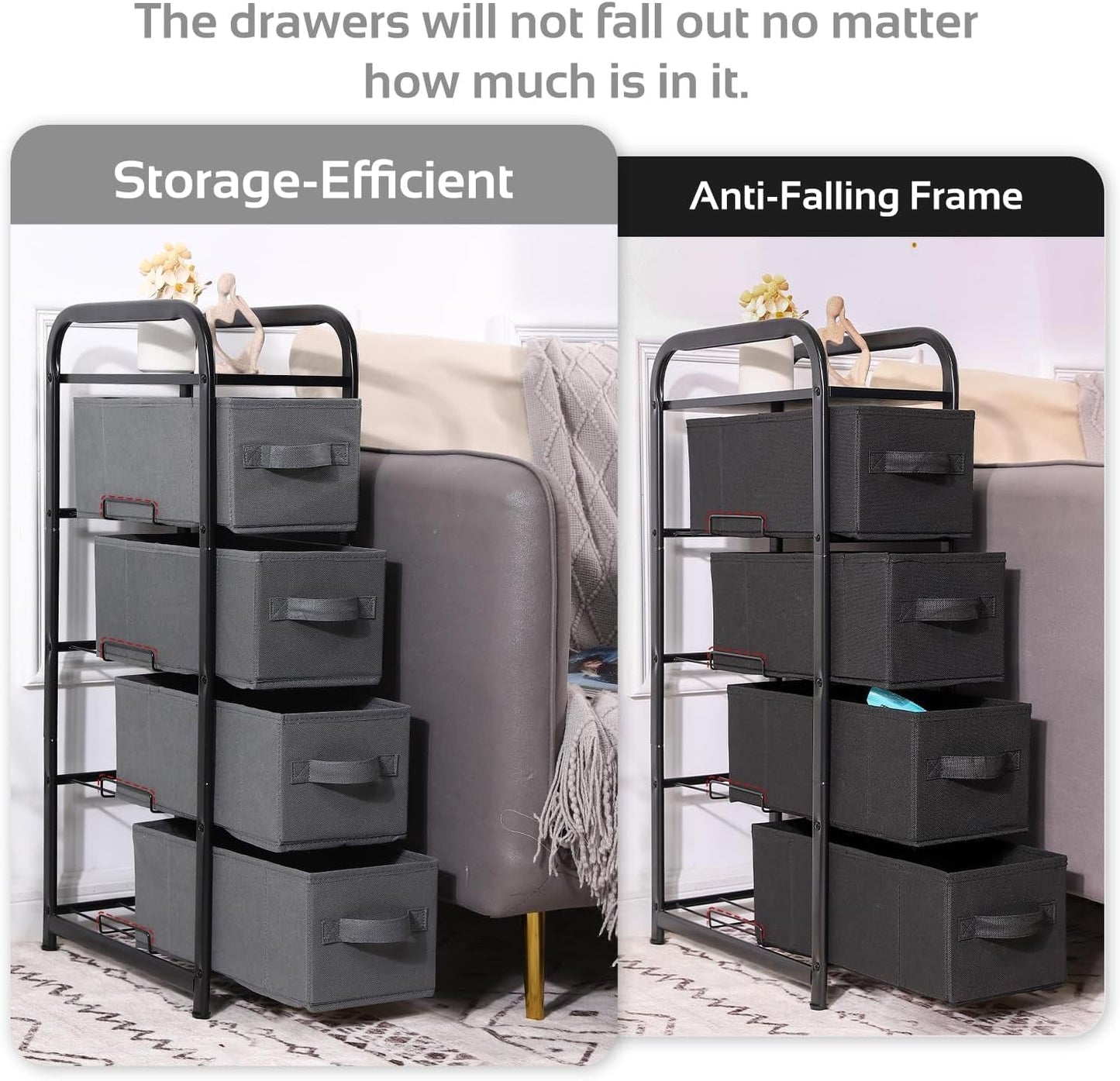 4 Drawer Narrow Dresser Fabric Storage Tower Vertical Slim Storage Chest Organizer Nightstand Side/End Table Small Standing Organizer Removable Drawers Wood Top for Bedroom, Bathroom（Black)-3