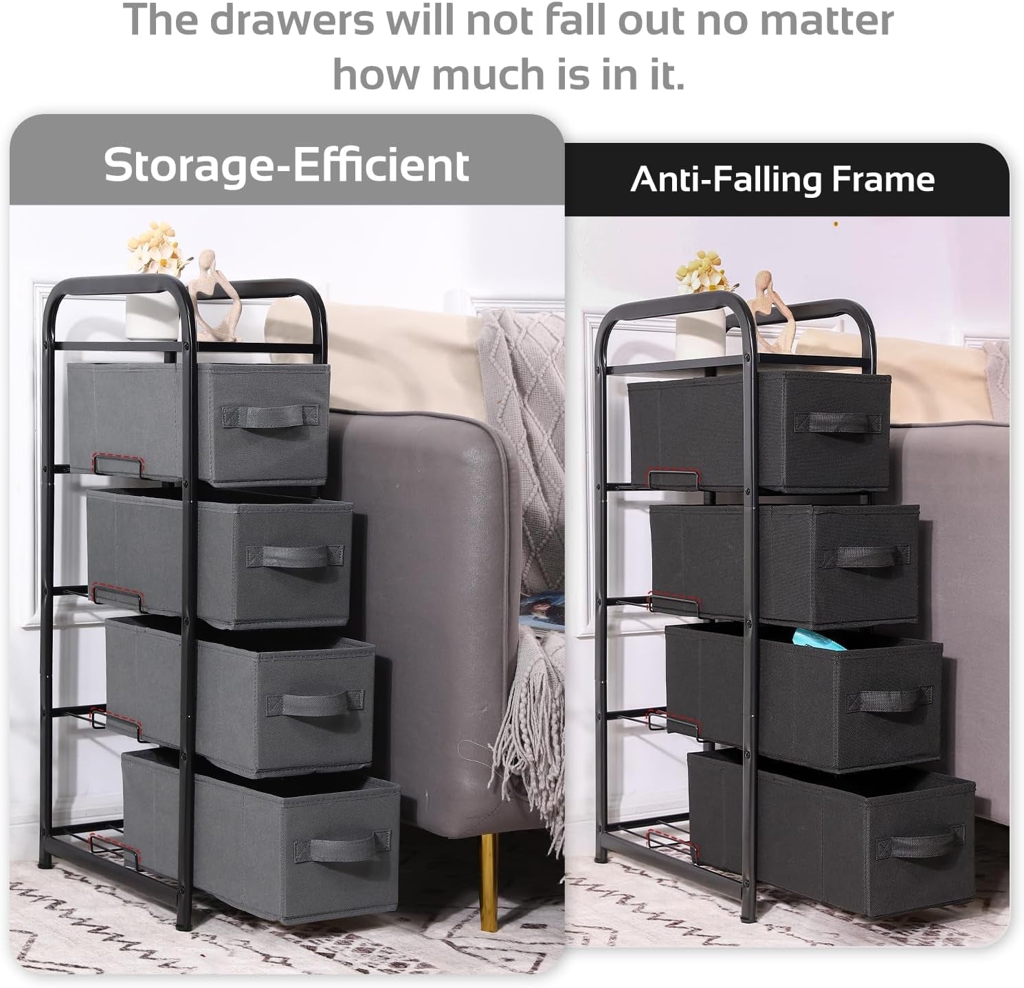 4 Drawer Narrow Dresser Fabric Storage Tower Vertical Slim Storage Chest Organizer Nightstand Side/End Table Small Standing Organizer Removable Drawers Wood Top for Bedroom, Bathroom（Black)-3