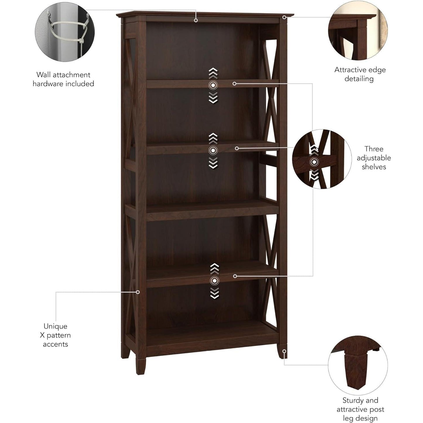 Bush Furniture Tall 5 Shelf Bookcase for Living Room or Home Office, Large Bookshelf, Modern Farmhouse Style, Key West Collection, Bing Cherry-4